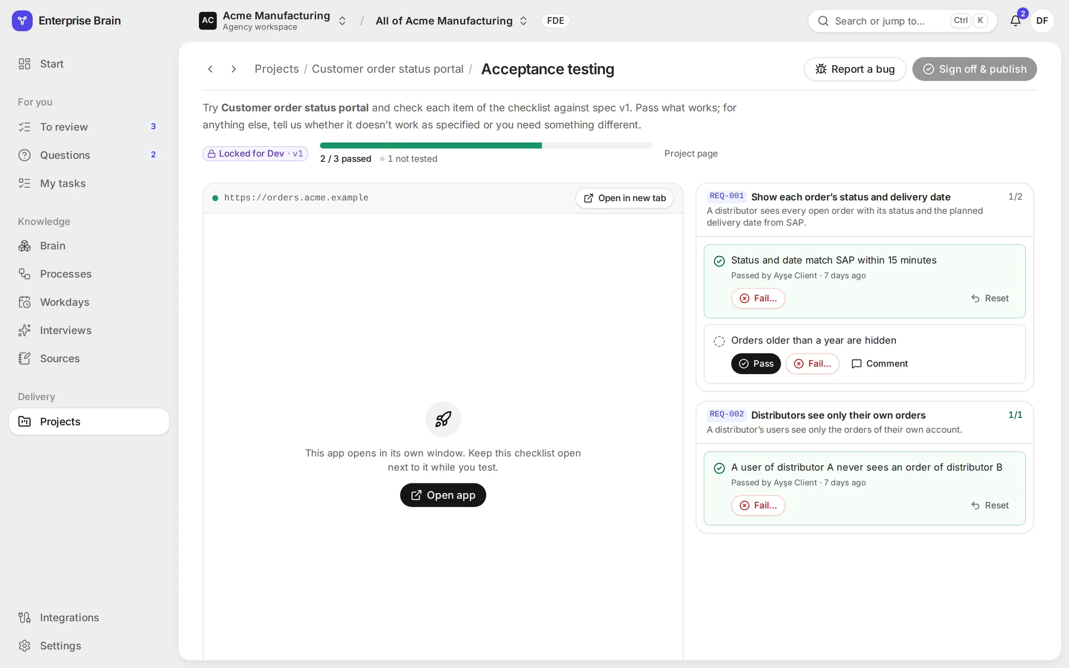 Acceptance testing of the Acme demo's customer order status portal: the app next to its checklist per requirement, 2 of 3 items passed and one waiting.